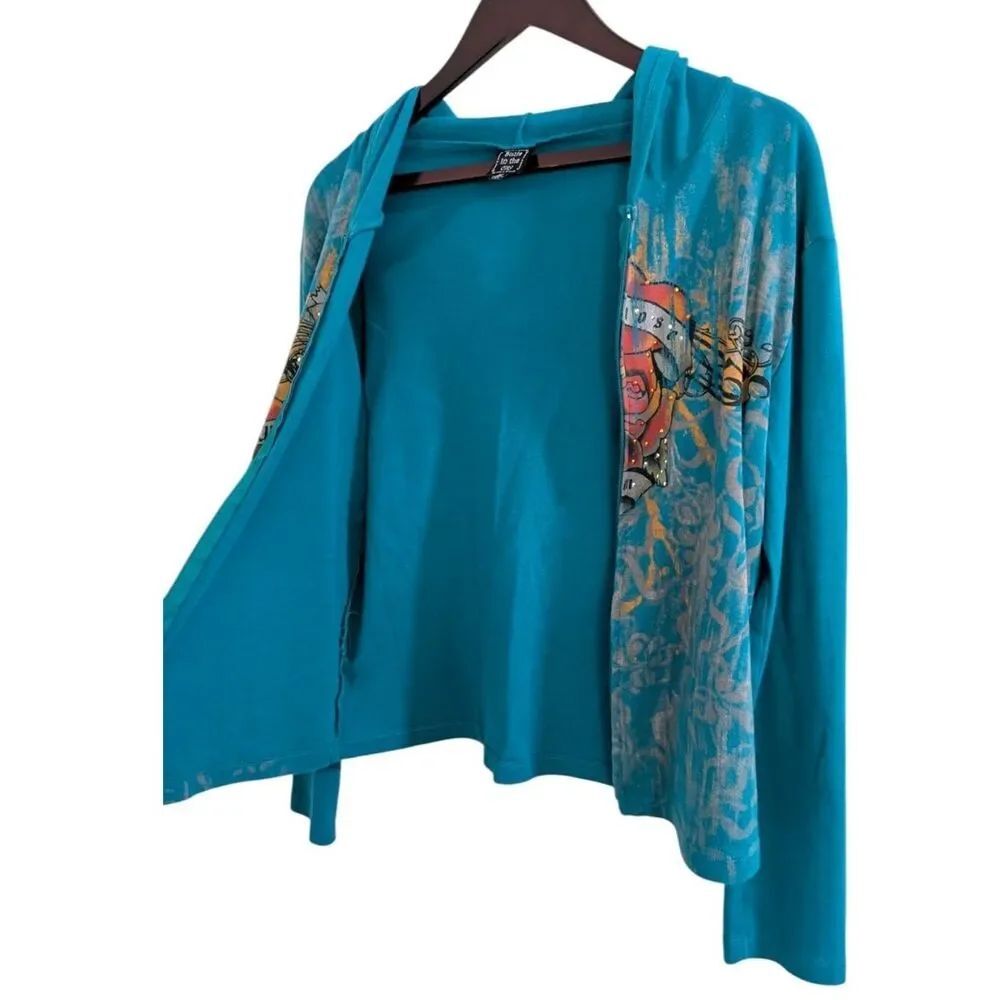 Suzie in the City Y2K Rhinestone Graphic Zip Up Hoodie Teal M Cotton USA - Picture 4 of 6